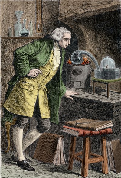 Antoine Laurent Lavoisier (1743-1894) 法国化学家，研究空气中氧气的存在：他获得氧化汞的实验 - Lavoisier dans son Laboratory。 19 世纪的雕刻。 作者 未知艺术家