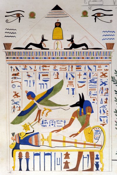Anubis takes care of the mummy while the soul of the deceased flies for transmigration - in “” Monuments of Egypt and Upper Nubia”” by Ippolito Rosellini (Rossellini). 作者 未知艺术家