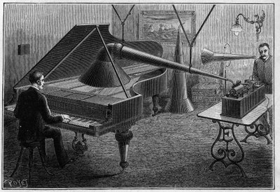 用留声机录制钢琴曲的设备，这是托马斯-阿尔瓦-爱迪生（1847-1931）的发明。雕刻在 "La Nature.科学及其在艺术和工业中的应用评论》中的雕刻。 作者 未知艺术家