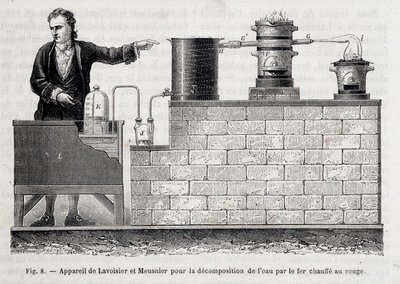 Antoine Laurent de Lavoisier 和 Meusnier 用于通过加热至红色的铁分解水的装置 - 在菲吉耶的“工业奇迹”中 作者 未知艺术家
