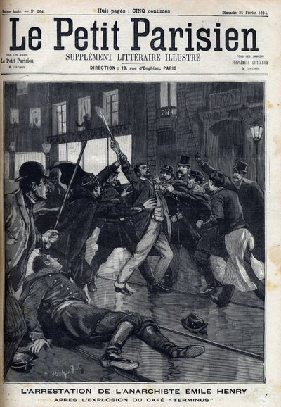 无政府主义者埃米尔-亨利（1872-1894）在巴黎的 "终点站 "咖啡馆爆炸后被捕。刊登在 "巴黎人报 "上的版画 作者 未知艺术家