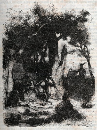 罗多蒙和曼德里卡德抵达梅林喷泉--1851年的雕刻，出自卢多维科-阿里奥斯托的《罗兰-弗里埃》（Orlando furioso）（16世纪），被称为阿里奥斯塔--由特雷桑伯爵从意大利文翻译过来的版本，并由其出版。 作者 未知艺术家