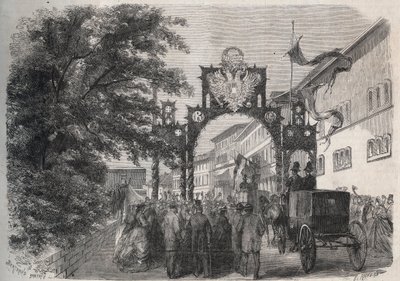 1865年，奥地利的伊丽莎白女王（Sissi）（Elisabeth of Austria）抵达巴德基辛根（Spa）--1865年《图解世界》中的雕刻作品 作者 未知艺术家