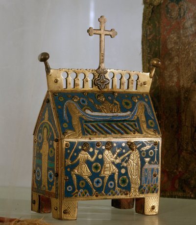 艺术品： 坎特伯雷大主教圣托马斯贝克特（1118-1170 年）用电子邮件、黄金和铜制成的遗物 - 这是 1170 年 12 月 29 日在坎托贝利大教堂暗杀大主教及其葬礼（珐琅，金色 和合作 作者 未知艺术家