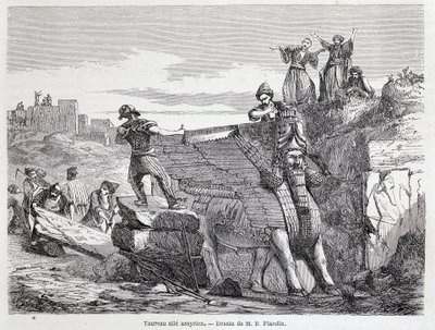 尼尼微遗址上的亚述有翼公牛--载于《世界之旅》第一学期。1863. 作者 未知艺术家
