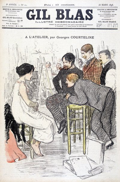 在Georges Courteline的工作室。男子在车间里看一个女人摆姿势。在 "Gil Blas"，1898年3月18日。 作者 未知艺术家