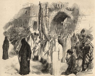 1857年在葡萄牙里斯本举行的停止黄热病的赎罪游行。1857年 "杰出世界 "中的版画。私人收藏。 作者 未知艺术家