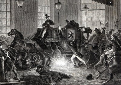1858年1月1日Felice Orsini对拿破仑三世的攻击--见亨利-马丁的《法国历史》。 作者 未知艺术家