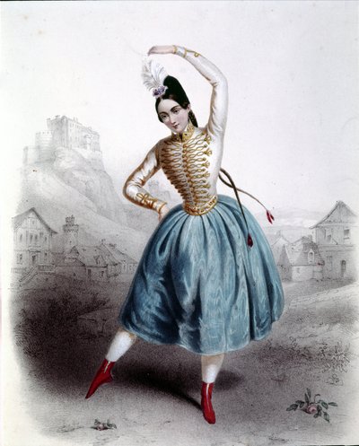 奥地利舞者范妮·埃尔斯勒 (1810-1884) 在芭蕾舞剧“克拉科夫”（拉吉普赛人）1842 年 19 世纪版画中 作者 Unknown artist