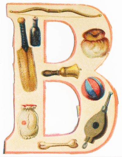 B：弓，棒球棍，瓶，奶油蛋卷，铃铛，气球，骨头，袋子，风箱（彩色光刻） 作者 未知艺术家