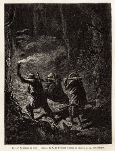 Back from hunting at night, the prey, a bear, is tied up and suspended from a branch that the hunters carry on the shoulder. Engraving to illustrate the story Quatre mois en Florida, by M. Pousselgue, in 1851-1852, published in “” le tour du monde””, under 作者 未知艺术家