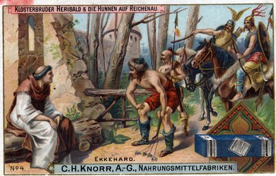 蛮族入侵--圣加仑（St. Gallen）的埃克哈德四世或埃克哈特（980 -1057）博学，和拉丁诗人。兄弟Heribald和匈奴人有Reichenau。在Reichenau岛上，只有兄弟Heribald，一个小的简单的和尚，在这期间仍然是 作者 未知艺术家