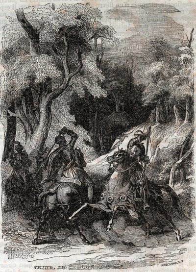 罗兰和费拉古斯之间的战斗--1851年的雕刻，出自卢多维科-阿里奥斯托的《愤怒的罗兰》（Orlando furioso）（16世纪），被称为阿里奥斯塔--由特雷桑伯爵从意大利语翻译的版本，1851年由古斯塔夫-哈佛出版。 作者 Unknown artist