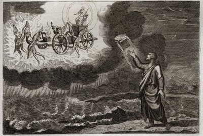 罗亚蒙的圣经，旧约。Ezekiel prophete.圣先知有一个异象，主在一辆车上向他显现，车上有四个小天使（tetramorph）。1811年的插图。 作者 未知艺术家