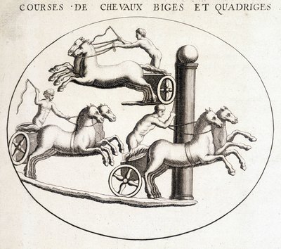 Biges和quadriges赛马。19世纪的雕版画。 作者 未知艺术家