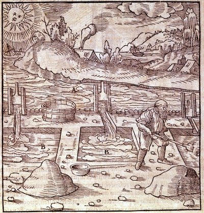 沥青回收。 格奥尔格·鲍尔 (Georg Bauer) 15 世纪的“Agricola De Re metala”一书。 圣经。 米兰科学博物馆。 作者 未知艺术家