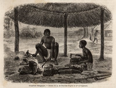 铁匠manganjas（赞比西亚地区的民族群体）。利文斯通博士从1840年到1856年首次航行到南部非洲的版画，载于爱德华-沙尔东指导出版的《世界之旅，新航行日志》。 作者 未知艺术家