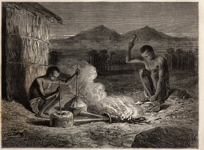 Simiango 的铁匠，位于赞比斯河畔。 在爱德华·查顿 (Edouard Charton) 指导下出版的“Le tour du monde, nouveau journal des voyages”中雕刻，说明利文斯通博士从 1840 年到 1856 年首次前往南部非洲的航行 作者 未知艺术家