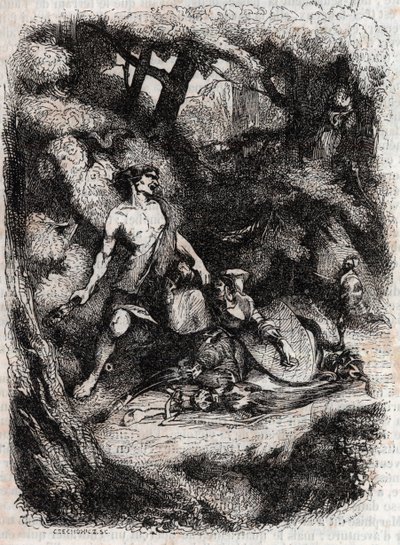 巨人的布拉达曼特梯田--1851年的雕刻，出自卢多维科-阿里奥斯托的《愤怒的罗兰》（Orlando furioso）（16世纪），被称为阿里奥斯塔--由特雷桑伯爵从意大利语翻译的版本，1851年由古斯塔夫-哈佛出版。 作者 Unknown artist