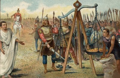 公元前390年，布伦努斯把他的剑放在天平上：高卢人在其首领布伦努斯（Brennos）的带领下洗劫了罗马。面对罗马人的抵抗，布伦努斯同意与罗马军事法庭的昆图斯-苏尔皮奇斯（Quintus Sulpicius）进行交易：他离开罗马，对抗罗马人。 作者 未知艺术家