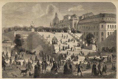 德国德累斯顿的布鲁尔露台--1864年德累斯顿的布鲁尔露台的大楼梯--。 作者 未知艺术家