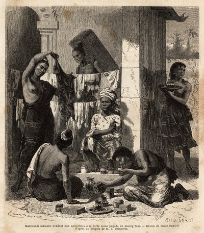 Burmese merchants selling fabrics and perfumes to Laotian women at the door of a pagoda in Muong Mai. Engraving to illustrate the voyage of exploration in Indochina, by Francis Garnier, lieutenant de Vaissseau, in 1866-1868, published in “” Le tour du mond 作者 未知艺术家