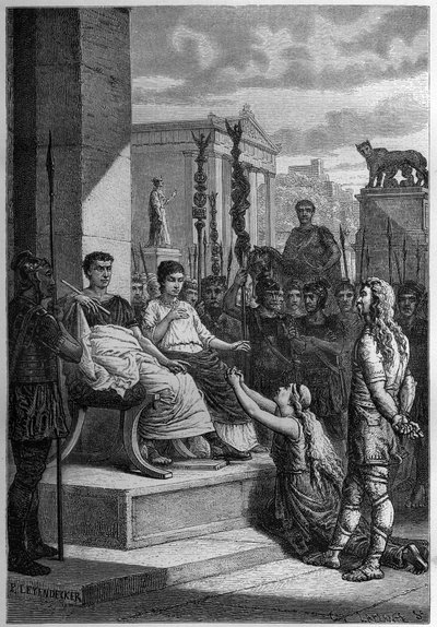 卡马库斯的囚禁--卡拉塔库斯（Caratacos，Caratacus）和他的家人在罗马皇帝克劳狄斯（Claudius）（公元前10年-公元54年）面前被囚禁--Francois Guizot 1877年所作的《L