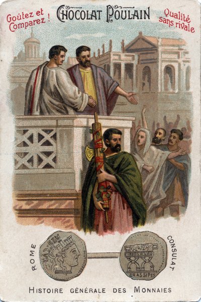 Caius Licinius Calvus Stolon通过获得进入执政厅的机会，为普莱比人获得政治权力做出了贡献。在《钱币通史》中。19世纪末的巧克力色光刻版画。私人收藏。 作者 未知艺术家