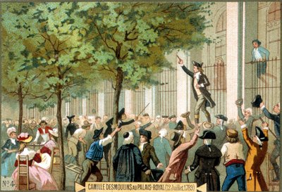 卡米尔-德穆兰在皇宫（1789年7月12日）。19世纪的彩色石版画。- 法国大革命/卡米耶-德穆兰在巴黎巴士底狱上号召风暴 作者 未知艺术家