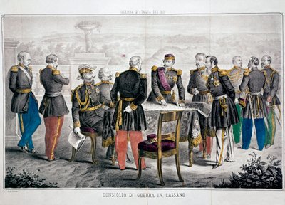 1859 年意大利战役：卡萨诺的战争委员会召开了维托里奥·埃马努埃莱二世（Victor-Emmanuel 或 Victor Emmanuel）和拿破仑三世皇帝的会议。 私人收藏 作者 未知艺术家