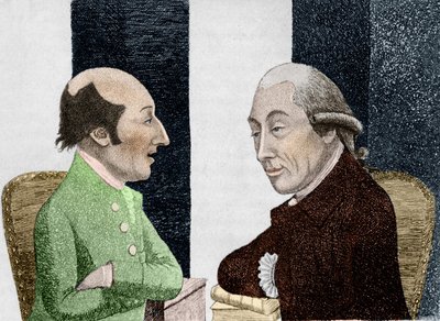 左边是詹姆斯-哈顿（1726 - 1797）的漫画，右边是约瑟夫-布莱克（1728 - 1799）的漫画 19世纪初的版画 作者 未知艺术家
