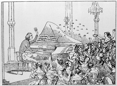 弗朗茨·李斯特 (Franz Liszt) 于 1842 年在柏林音乐会上取得胜利的卡通片。 作者 未知艺术家