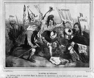 关于 1848 年 12 月 10 日第一次总统选举竞选活动的卡通报刊之战。 作者 未知艺术家