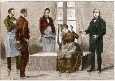 在声音的影响下产生的催眠症（Diapason）。法国神经学家Jean Martin Charcot（1825-1893）（右）在Salpetriere医院对一名病人进行催眠演示。插图取自《自然》1879年 作者 未知艺术家
