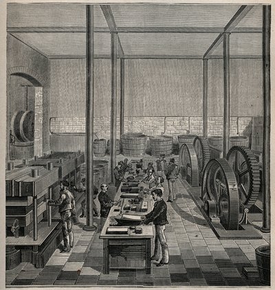 赛璐珞：赛璐珞制造。1885年阿道夫-比塔尔的 "艺术和金属图解 "中的雕版画。 作者 未知艺术家