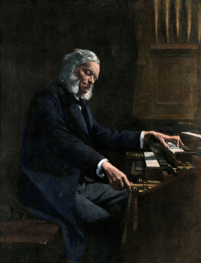 塞萨尔-弗兰克（Cesar Franck，1822-1890 年）在法国巴黎圣克罗蒂尔德教堂演奏管风琴 - 着色插图 作者 未知艺术家