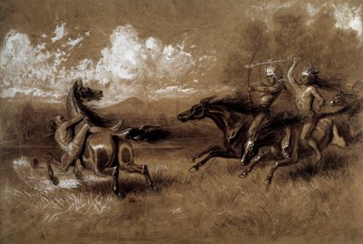 印第安人骑马对付另一部落的敌人的冲锋，匿名的19世纪绘画。拉罗谢尔，新世界博物馆 作者 未知艺术家