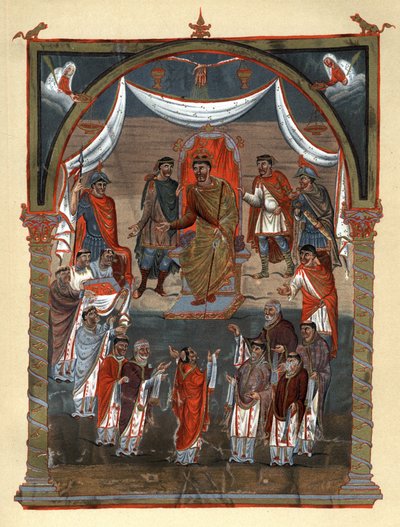 法国国王查理二世（823 - 877）接待来自图尔的僧侣代表团。这幅画是19世纪根据保存在巴黎B.N.的X世纪微缩画制作的彩色平版印刷品。 作者 未知艺术家