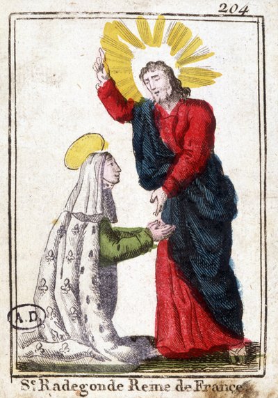 基督和圣拉德贡德（约520-587），法国女王，克洛泰尔（Clothaire）一世的妻子。 虔诚的形象。19世纪初的雕版画。巴黎装饰艺术图书馆。 作者 未知艺术家