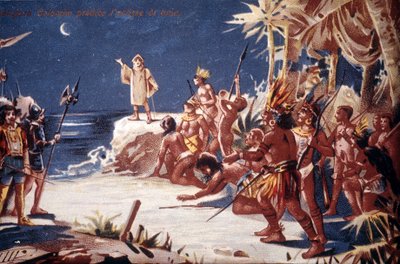 克里斯托弗-哥伦布向印第安人预测月食。19世纪的彩色石版画。 作者 未知艺术家