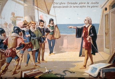 克里斯托弗·哥伦布（Christopher Columbus）在三天内宣布了这片土地，从而阻止了船员的反抗。 19 世纪彩色石版画。 作者 未知艺术家