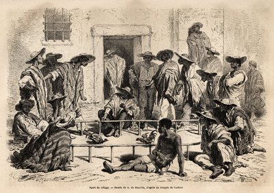 Cockfighting in the village of Marinilla (Magdalena region, Colombia), very popular sport, practiced in a small oblong arena, set up in the center of the courtyard in front of the houses, the roosters are trained to fight until the death, and betters and j 作者 未知艺术家