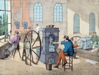 Coin-making: workers working in a factory at various stages, casting and casting coins. Engraving of the 19th century Paris, decorative arts 作者 未知艺术家