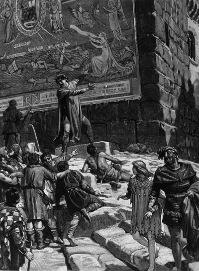 Cola di Rienzo（1314-1354）在成为罗马人民的护卫官的运动中，向罗马人民解释了他在国会大厦安装的壁画，象征着罗马在耶路撒冷特洛伊包围的 dechainee 海中的痛苦， 迦太基和巴 作者 未知艺术家