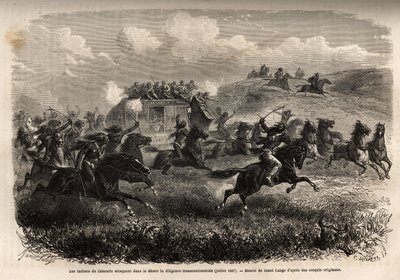 科罗拉多印第安人于 1867 年 7 月在沙漠中攻击横贯大陆的勤奋。为插图 le voyage au far west americain，M. L. Simonin 于 1867 年出版，发表于“Le tour du monde, nouveau journal des voyages”，Edouard Chart 编辑 作者 未知艺术家