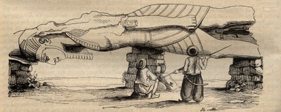 拉美西斯二世巨像于1820年被意大利旅行家乔瓦尼-巴蒂斯塔-卡维利亚发现，位于约30米外的普塔神庙南门附近--1838年的雕刻--乔瓦尼-巴蒂斯塔1820年发现的拉美西斯二世雕像。 作者 未知艺术家