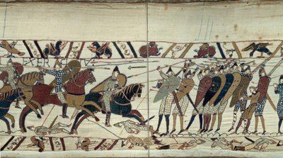 征服者威廉 (1027-1087) 在 1066 年征服英格兰，诺曼骑兵之间的战斗场景装载英格兰国王哈罗德二世的撒克逊步兵贝叶挂毯细节或玛蒂尔德女王的刺绣 作者 未知艺术家