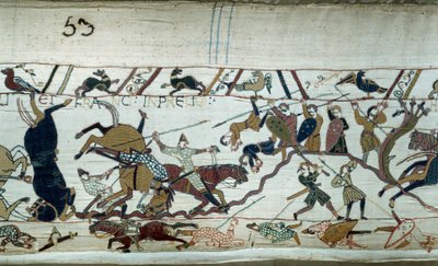 诺曼底公爵征服者威廉 (1027-1087) 于 1066 年征服英格兰：黑斯廷斯之战 贝叶挂毯细节或玛蒂尔德王后刺绣 作者 未知艺术家