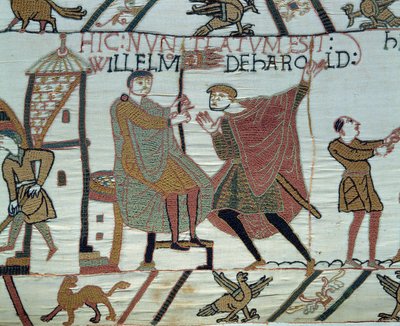 1066年诺曼底公爵征服者威廉（1027-1087）对英格兰的征服：一个望风者向威廉报告了哈罗德二世在黑斯廷斯战役中的事实。 贝叶挂毯或玛蒂尔德女王刺绣的细节 作者 未知艺术家