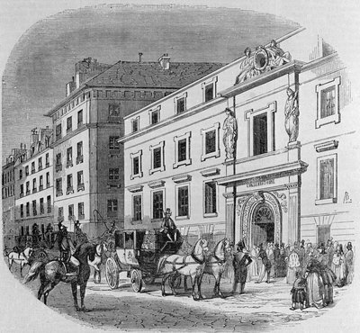 巴黎 rue du Faubourg Poissonniere 音乐学院：音乐会入场。 1860 年的雕刻 作者 未知艺术家
